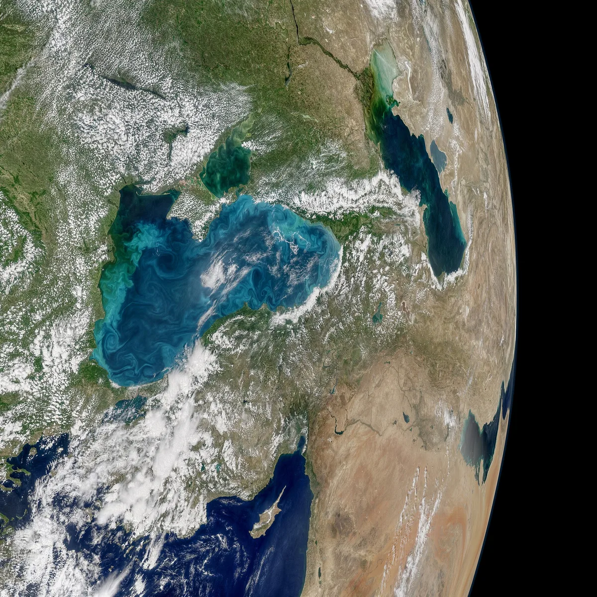 Turquoise sea currents photographed from space